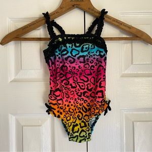 Joe Boxer Toddler One Piece Swimsuit Neon Rainbow Leopard Print 2T